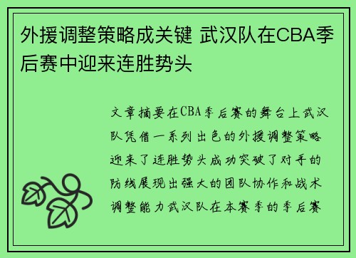 外援调整策略成关键 武汉队在CBA季后赛中迎来连胜势头