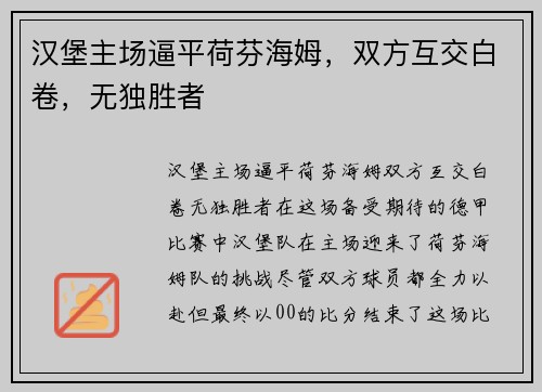 汉堡主场逼平荷芬海姆，双方互交白卷，无独胜者