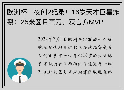 欧洲杯一夜创2纪录！16岁天才巨星炸裂：25米圆月弯刀，获官方MVP