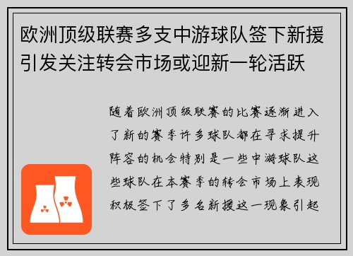 欧洲顶级联赛多支中游球队签下新援引发关注转会市场或迎新一轮活跃