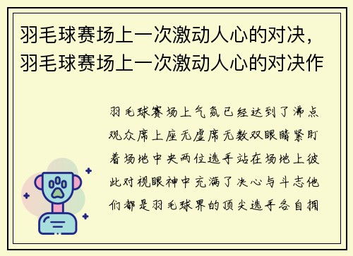 羽毛球赛场上一次激动人心的对决，羽毛球赛场上一次激动人心的对决作文