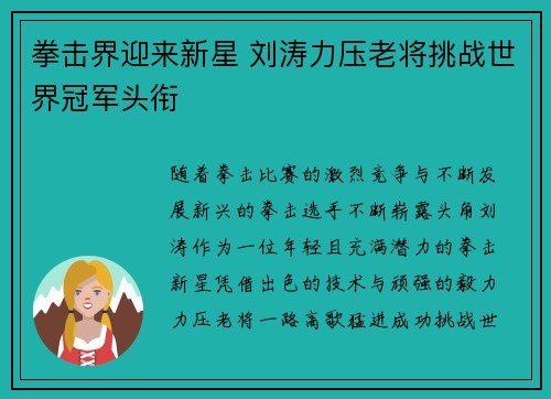 拳击界迎来新星 刘涛力压老将挑战世界冠军头衔