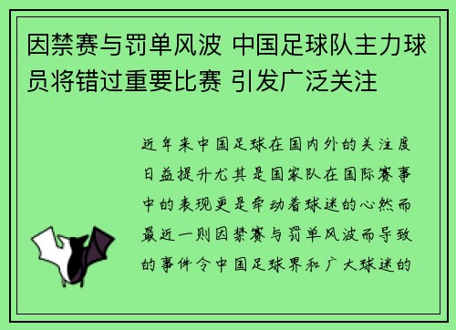 因禁赛与罚单风波 中国足球队主力球员将错过重要比赛 引发广泛关注