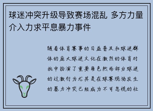 球迷冲突升级导致赛场混乱 多方力量介入力求平息暴力事件