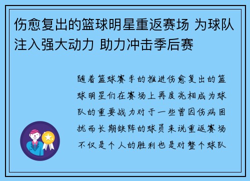 伤愈复出的篮球明星重返赛场 为球队注入强大动力 助力冲击季后赛